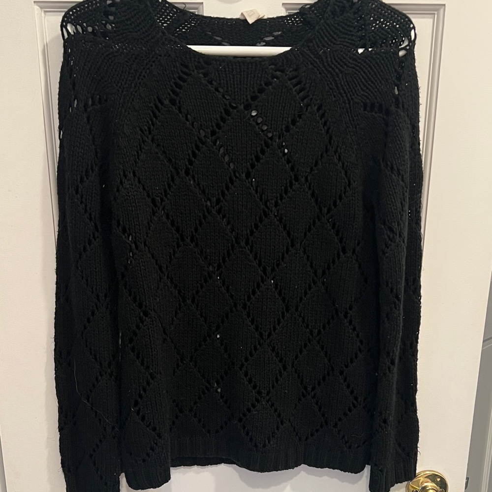 Black Women's Knit Sweater with Diamond Cut-out Weave